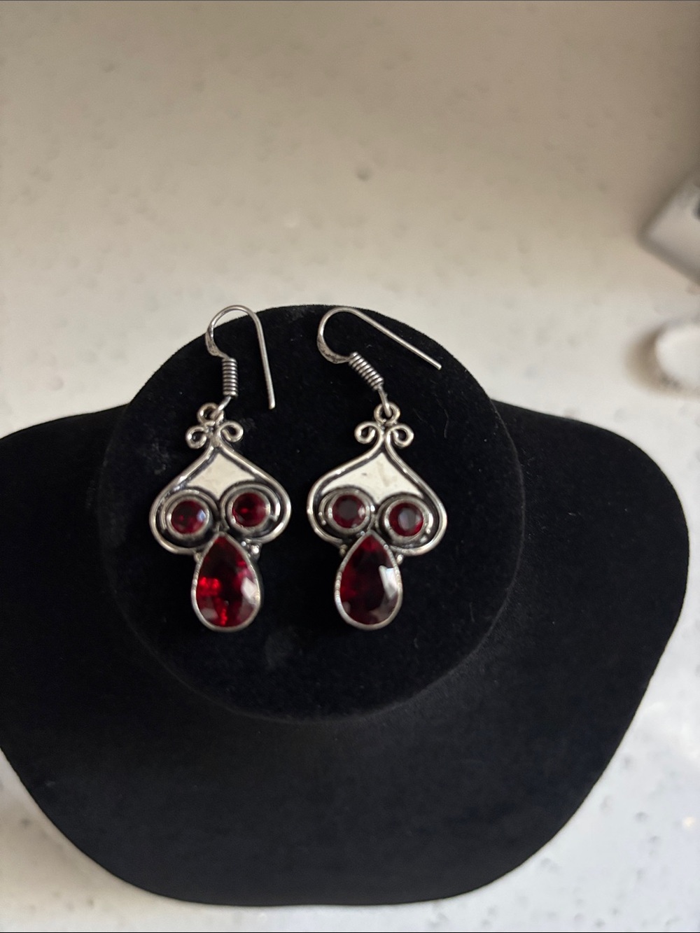 Sterling Silver Red Garnet Gemstone Teardrop Dangle Earrings